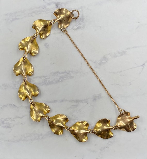 Vintage 14K Gold Pearl Bracelet, 14K Gold Leaves … - image 6