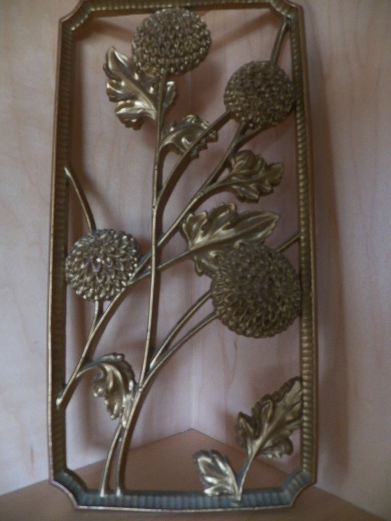 Syroco Wood Wall Plaque 12 X 6 High Relief Chrysanthemum Vintage Gold Tone Mid Century Retro