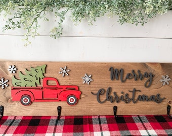 Christmas stocking hooks | Christmas truck and tree stocking holder sign | vintage truck and Christmas tree decor | rustic old truck sign