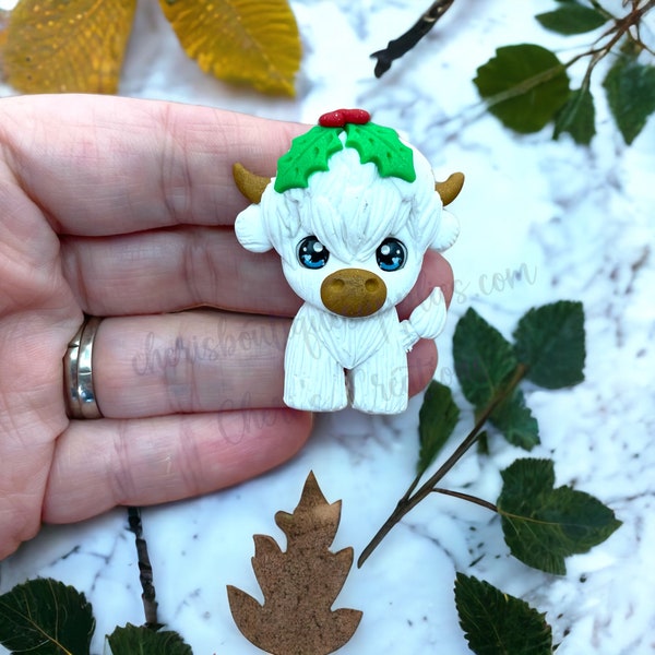 Winter Holly Shaggy Cow Christmas Clay Bow Center Polymer Clay Embellishment