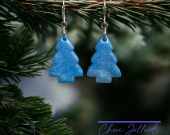 Shiny Blue Christmas Trees Polymer Clay Dangle Earrings
