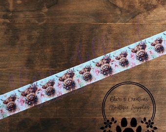 Highland Cow Ribbon 5/8" 7/8" Pink Floral Grosgrain Ribbon by the Yard