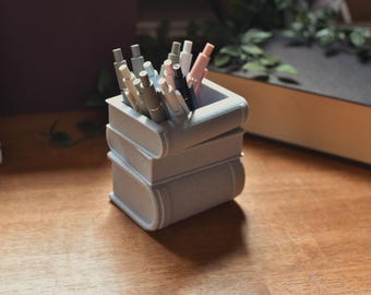3D Printed Book Stack Pen Holder: Stone Filament Desk Organizer