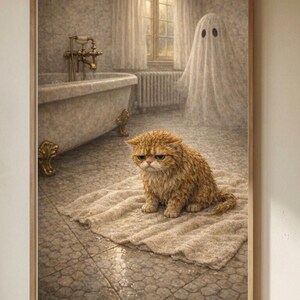 May include: A framed print depicts a ginger cat sitting on a towel in a bathroom, with a ghost in the background. The bathroom has a vintage bathtub and fixtures. The artwork has a whimsical and slightly melancholic tone.