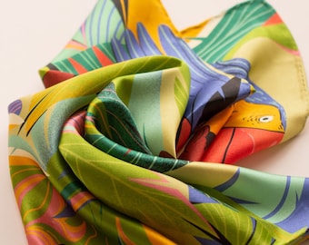 Pañuelo de seda para damas. verde y colores brillantes. Accesorio de sombrero para su disfraz Pin up Girl Headband. azul, rosa, loro, tucán, pájaros.