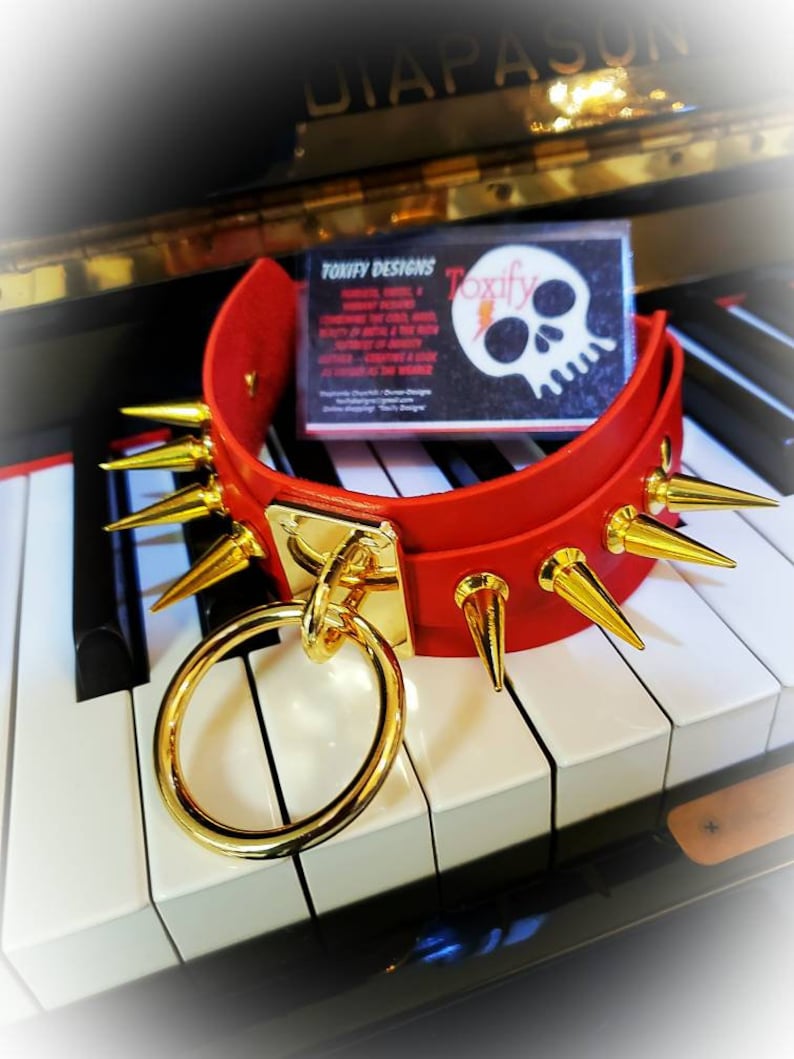 Red Vegan Leather Mega XL Spikes O-Ring Wide Choker Necklace