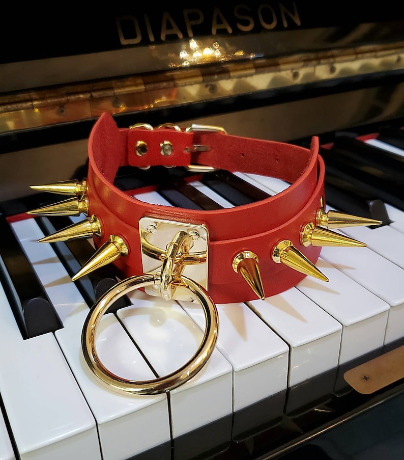 Red Vegan Leather Mega XL Spikes O-Ring Wide Choker Necklace