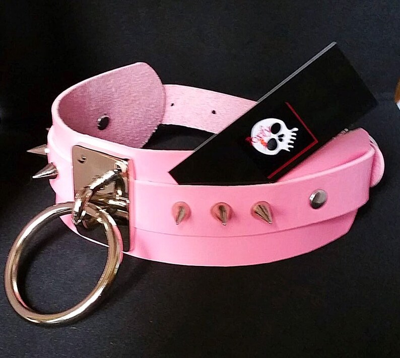 Faux Pink Vegan Leather Spiked O-Ring Spiked Choker Necklace