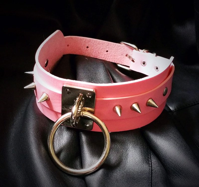 Faux Pink Vegan Leather Spiked O-Ring Spiked Choker Necklace