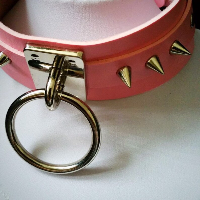 Faux Pink Vegan Leather Spiked O-Ring Spiked Choker Necklace