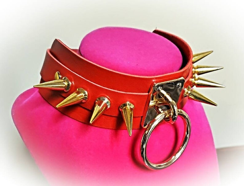 Red Vegan Leather Mega XL Spikes O-Ring Wide Choker Necklace