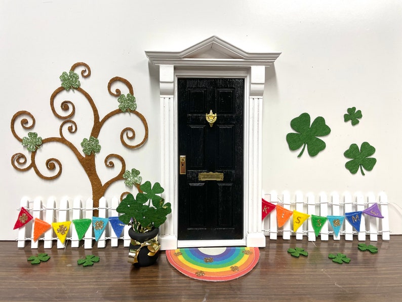 St Patricks Fairy Door Accessories and Decor Shamrocks Rainbow Pot of