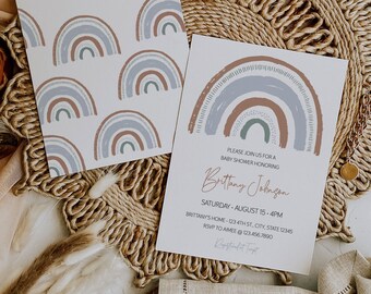 Rainbow Baby Shower Invitation Template, Boho Rainbow Baby Shower Boy, Muted Tones Rainbow Shower Invite Template, Digital, Printable, A030