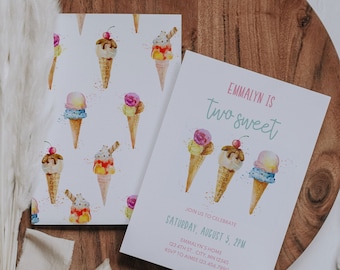 May include: A birthday party invitation with a watercolor illustration of ice cream cones. The text reads "Emmalyn is two sweet" and includes details for the party, including the date, time, and RSVP information.