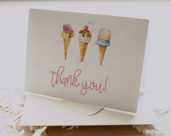 Ice Cream Party Thank You Card, Ice Cream Birthday Thank You, Ice Cream Cone Birthday Card, Printable Thank You Card, Ice Cream Shop, A020