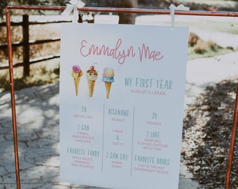 Ice Cream Milestone Board Template, First Birthday Milestone Poster, First Birthday Stats Board, Ice Cream Birthday Decor, Printable A020