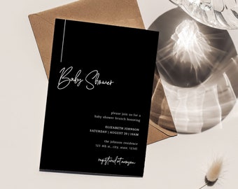 Black Baby Shower Invite, Modern Baby Shower Invitation, Black and White Baby Shower, Simple Shower, Minimalist Baby Shower, Printable, A001