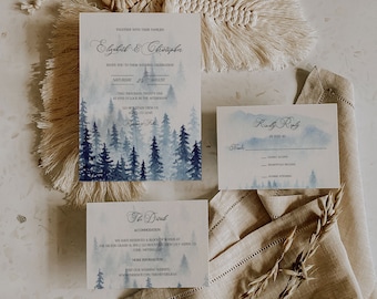 Invitación de boda azul polvoriento, suite de bodas en el bosque, invitación a boda en la montaña, boda al aire libre, editable, imprimible, descarga digital, A008