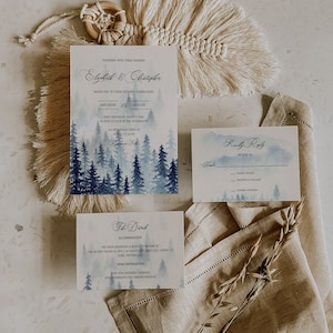 Dusty Blue Wedding Invitation, Forest Wedding Suite, Mountain Wedding Invite, Outdoor Wedding, Editable, Printable, Digital Download, A008
