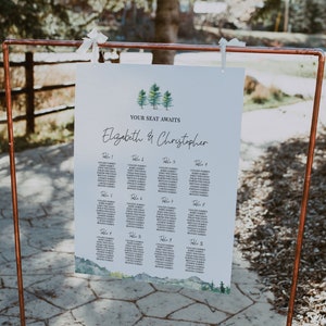 Berghochzeit Sitzplan Vorlage, Waldhochzeit Sitzplatz Schild, rustikale Hochzeit Tischbestuhlung, Kiefer Hochzeit, druckbar, bearbeitbar, A010