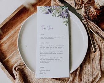 Modelo de menu de casamento lavanda, cartão de menu imprimível, menu lavanda, modelo de menu de jantar, menu floral roxo, menu de sálvia lavanda, faça você mesmo, A039