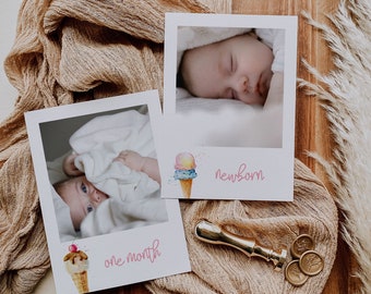 Op de afbeelding: Twee witte fotolijsten met elk een baby. De baby in de bovenste lijst slaapt. De baby in de onderste lijst kijkt naar de camera. Beide lijsten hebben een aquarel-ijsje met de woorden "nieuwgeborene" en "één maand" eronder.