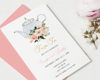 Tea Party Invitation Template, Tea for Two Birthday Invitation, Garden Party Invite, 2nd Birthday Girl, Vintage Tea Party, Printable, A025