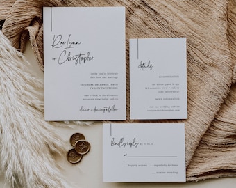 Op de afbeelding: Huwelijksuitnodigingsset met wit karton en zwarte kalligrafie. De uitnodiging bevat de namen "Rae Lynn + Christopher" en details voor een huwelijksceremonie en receptie. De RSVP-kaart bevat een regel voor gasten om aan te geven of ze zullen deelnemen en een ruimte voor het aantal gasten dat aanwezig zal zijn.