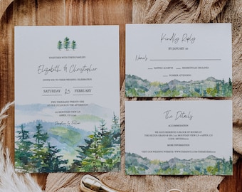 Mountain Wedding Invitation Suite, Rustic Mountain Wedding Invite, Woodland Wedding Invite, Forest Wedding, Outdoor Wedding, Printable, A010