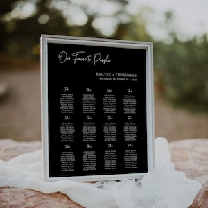 Tabla de asientos negros, asientos de boda modernos, letrero de tabla de asientos en blanco y negro, tabla de asientos de boda, plantilla imprimible y editable, A001