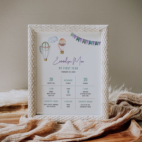 Up Up and Away Milestone Poster, 1st Birthday Poster, Hot Air Balloon Milestone Board, Oh The Places You'll Go Party Decor, Printable, A026