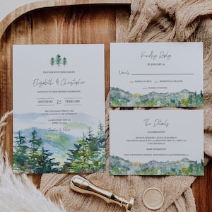 Mountain Wedding Invitation Suite, Rustic Mountain Wedding Invite, Woodland Wedding Invite, Forest Wedding, Outdoor Wedding, Printable, A010