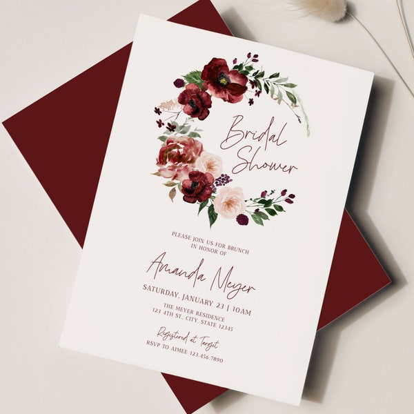 Burgundy Bridal Shower Invite, Fall Bridal Shower, Burgundy Invitation, Burgundy Floral Bridal Shower, Bridal Brunch Invite, Editable, A040