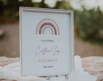 EDITABLE Boho Rainbow Custom Sign, 8x10 Custom Sign Template, Rainbow Baby Shower Sign,  Muted Rainbow Birthday Decor, EDIT ALL Text, A030