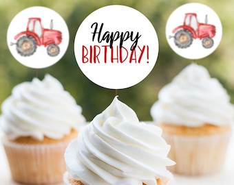 Rote Traktor Cupcake Toppers, druckbare Traktor Cupcake Toppers, Traktor Geburtstag Dekor, Traktor Party, Geburtstag Party Dekor, A035