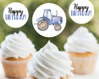Blue Tractor Cupcake Toppers, Printable New Holland Cupcake Toppers, Blue Tractor Birthday Decor, Tractor Party, Farm Birthday Decor, A035