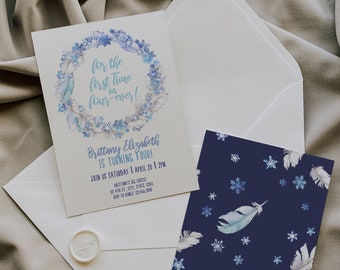 May include: A blue and white invitation with a wreath of snowflakes and feathers. The text reads "for the first time in four-ever!" and "Brittany Elizabeth is turning four!" The invitation includes the date and time of the party, as well as the address. The back of the invitation features a blue background with a repeating pattern of white snowflakes and feathers.