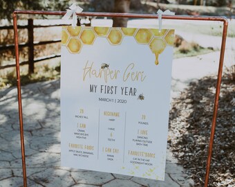 Bumble Bee Milestone Poster Template, 1st Birthday Sign, Bee Milestone Poster, Honey Bee Girl Birthday Poster, Bee Birthday Decor, A038