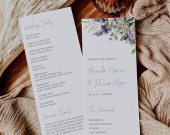 May include: Wedding ceremony program with purple floral design. The program includes the officiant, wedding party, and ceremony order. The text reads "Welcome to the wedding of Amanda Harren & Philip Meyer" and "OB-21-XX Colorado".