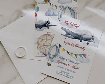 Airplane Birthday Invitation, Airplane First Birthday Invite, Vintage Plane Invitation, Time Flies Party, Boy First Birthday Printable A047