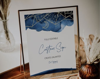 Starry Night Wedding Sign Template, Celestial Bridal Shower Sign, Moon & Stars Birthday Party Decor, 5x7 Sign Template, EDIT ALL Text, A037