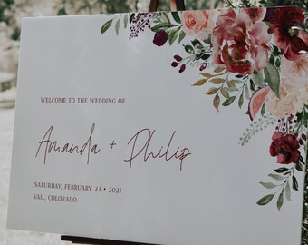 Burgundy Wedding Welcome Sign Template, Floral Marsala Wedding Welcome Sign, Boho Welcome, Instant Download Editable Printable Template A040