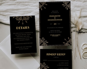 May include: Black and gold wedding invitation suite with details for the wedding of Elizabeth and Christopher on October 23rd, 20XX. The invitation includes the time, location, and RSVP information. The RSVP card includes a section for the guest's name, a section to indicate if they will be attending, and a section for the number of guests attending.