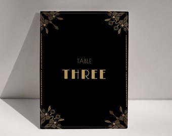 Art Deco Tischnummer Kartenvorlage, Gold Minimal Retro Hochzeit Tischnummer, Gatsby Hochzeit Tischdekoration, bearbeitbar, Sofort Download, A042