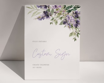 Modelo de sinalização personalizada de casamento lavanda, sinalização de casamento roxa, sinalização de mesa de casamento para impressão, modelo de sinalização 5x7 lavanda, EDIT TODO o texto, A039