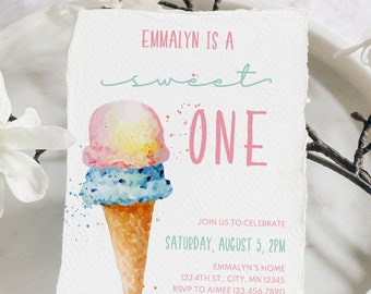 May include: A watercolor illustration of an ice cream cone with three scoops of ice cream in pink, yellow, and blue. The text "EMMALYN IS A sweet ONE" is written above the ice cream cone. The text "JOIN US TO CELEBRATE SATURDAY, AUGUST 5, 2PM EMMALYN'S HOME 123 4TH ST., CITY, MN 12345 RSVP TO AIMEE 123.456.7890" is written below the ice cream cone.
