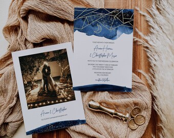 Celestial Wedding Invitation Template, Moon Wedding Invite Gold Stars Navy Blue, Starry Night Wedding, Under the Stars Wedding Invite, A037