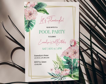 May include: A pink and green pool party invitation with a flamingo and tropical flowers. The text reads "It's Flamin'gle!" You're invited to a pool party to celebrate Emmalyn's 3rd Birthday. Sat | Aug 15 | 2PM. Emmalyn's Home 125 4th St, City, MN 12345. RSVP to Aimee 123.456.7890.