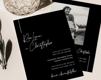 Black Wedding Invitation, White Ink, Modern Wedding Invitation, Black and White Wedding, Simple Wedding, Minimalist Wedding, Template, A001