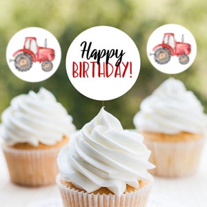 Red Tractor Cupcake Toppers, Printable Tractor Cupcake Toppers, Red Tractor Birthday Decor, Tractor Party, Farm Birthday Party Decor, A035